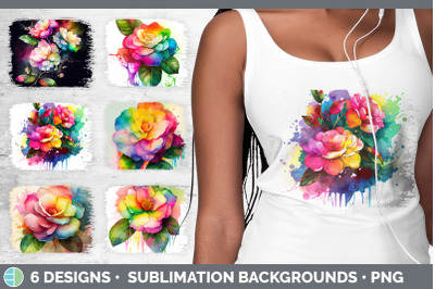 Rainbow Camellia Flowers Distressed Background | Sublimation Backgroun