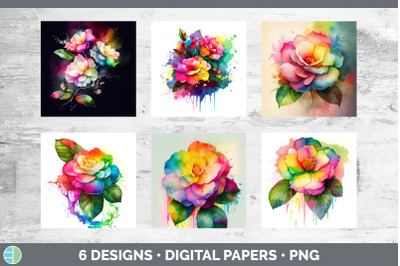 Rainbow Camellia Flowers Paper Backgrounds | Digital Scrapbook Papers