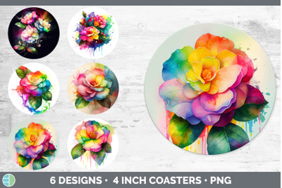 Rainbow Camellia Flowers Round Coaster | Sublimation Coaster Designs B