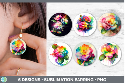 Rainbow Camellia Flowers Round Earrings | Sublimation Earrings Designs