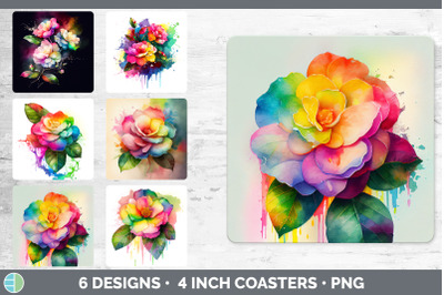 Rainbow Camellia Flowers Square Coaster | Sublimation Coaster Designs