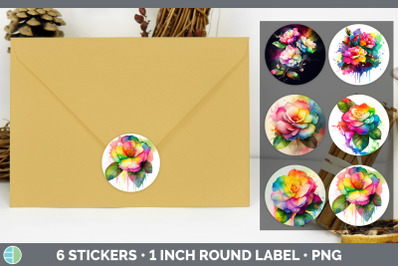 Rainbow Camellia Flowers Stickers | Round Labels Designs Bundle