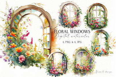 Watercolor floral windows clipart