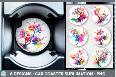 Rainbow Cherry Blossom Flowers Car Coaster | Sublimation Coaster Desig