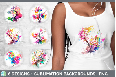 Rainbow Cherry Blossom Flowers Grunge Background | Sublimation Distres