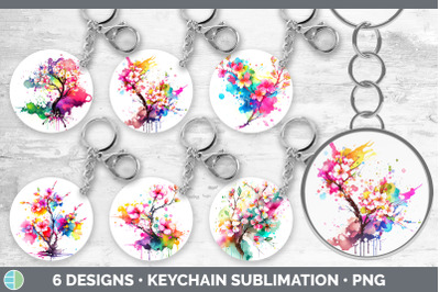 Rainbow Cherry Blossom Flowers Keychain | Sublimation Keyring Designs