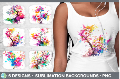 Rainbow Cherry Blossom Flowers Distressed Background | Sublimation Bac