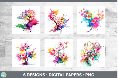Rainbow Cherry Blossom Flowers Paper Backgrounds | Digital Scrapbook P