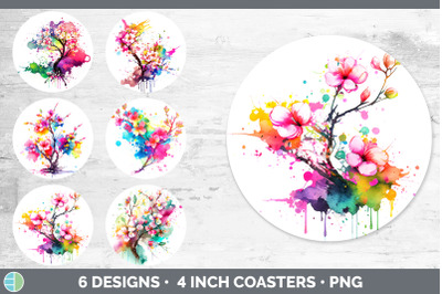 Rainbow Cherry Blossom Flowers Round Coaster | Sublimation Coaster Des