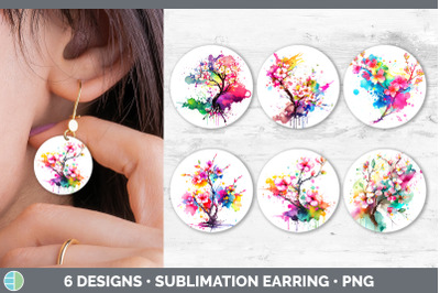 Rainbow Cherry Blossom Flowers Round Earrings | Sublimation Earrings D