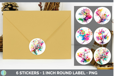 Rainbow Cherry Blossom Flowers Stickers | Round Labels Designs Bundle