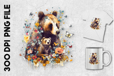 Mama Bear And Her Cub With Butterflies