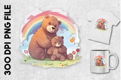 Mama Bear With Her Cub And Rainbow