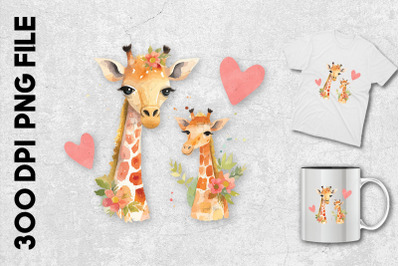 Giraffe And Her Calf W Hearts N Flowers