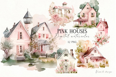 Watercolor pink house clipart PNG