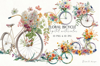 Floral watercolor bicycle clipart