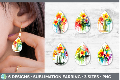 Rainbow Daffodil Flowers Teardrop Earrings | Sublimation Earrings Desi