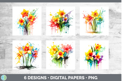 Rainbow Daffodil Flowers Paper Backgrounds | Digital Scrapbook Papers