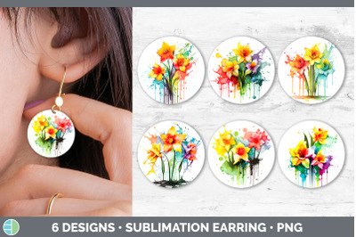 Rainbow Daffodil Flowers Round Earrings | Sublimation Earrings Designs