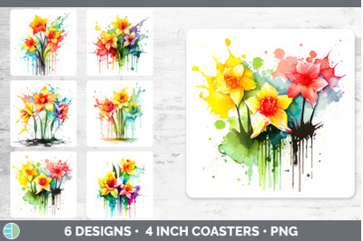 Rainbow Daffodil Flowers Square Coaster | Sublimation Coaster Designs