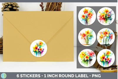 Rainbow Daffodil Flowers Stickers | Round Labels Designs Bundle