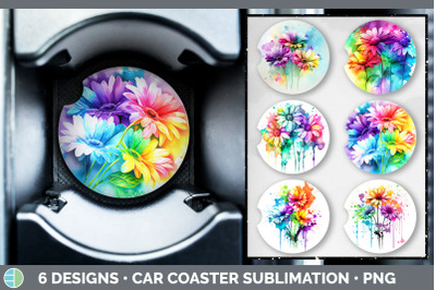 Rainbow Daisy Flowers Car Coaster | Sublimation Coaster Designs Bundle