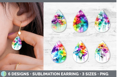 Rainbow Daisy Flowers Teardrop Earrings | Sublimation Earrings Designs