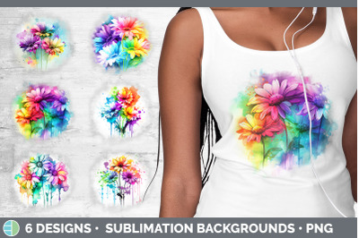 Rainbow Daisy Flowers Grunge Background | Sublimation Distressed Backs