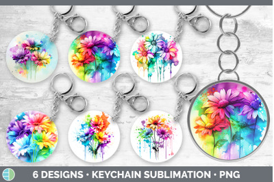 Rainbow Daisy Flowers Keychain | Sublimation Keyring Designs Bundle