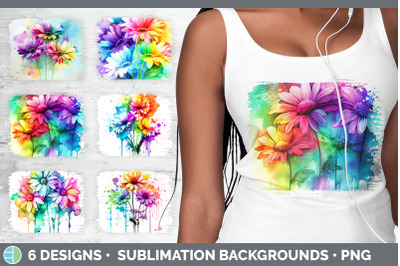 Rainbow Daisy Flowers Distressed Background | Sublimation Background P