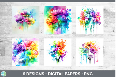 Rainbow Daisy Flowers Paper Backgrounds | Digital Scrapbook Papers Des