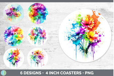 Rainbow Daisy Flowers Round Coaster | Sublimation Coaster Designs Bund