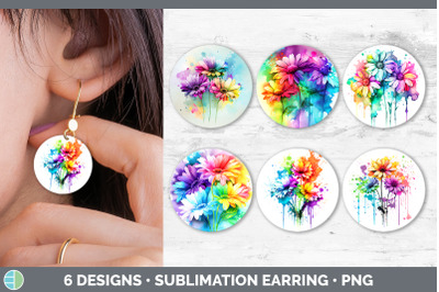 Rainbow Daisy Flowers Round Earrings | Sublimation Earrings Designs Bu