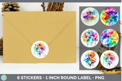 Rainbow Daisy Flowers Stickers | Round Labels Designs Bundle