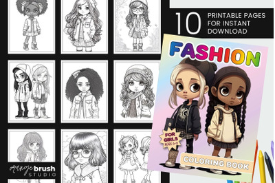 Fashion Girls Coloring Book&2C; Printable Coloring Page Bundle