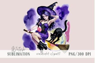 Cute watercolor witch and cat Halloween sublimation- 1 png