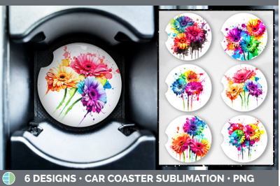 Rainbow Gerbera Daisy Flowers Car Coaster | Sublimation Coaster Design