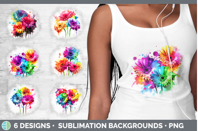 Rainbow Gerbera Daisy Flowers Grunge Background | Sublimation Distress