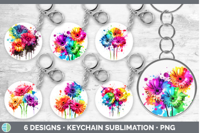 Rainbow Gerbera Daisy Flowers Keychain | Sublimation Keyring Designs B