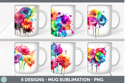 Rainbow Gerbera Daisy Flowers Mug Wrap | Sublimation Coffee Cup Design