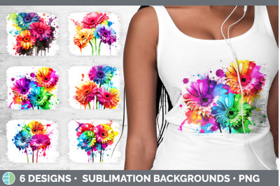 Rainbow Gerbera Daisy Flowers Distressed Background | Sublimation Back