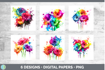 Rainbow Gerbera Daisy Flowers Paper Backgrounds | Digital Scrapbook Pa