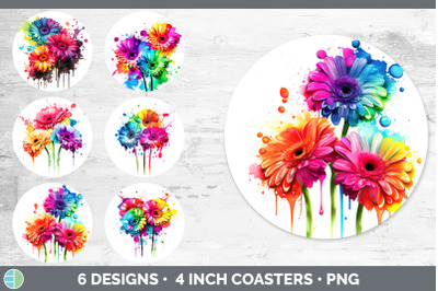 Rainbow Gerbera Daisy Flowers Round Coaster | Sublimation Coaster Desi