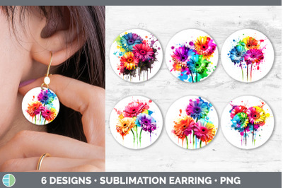 Rainbow Gerbera Daisy Flowers Round Earrings | Sublimation Earrings De