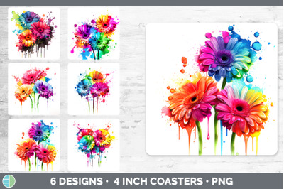 Rainbow Gerbera Daisy Flowers Square Coaster | Sublimation Coaster Des