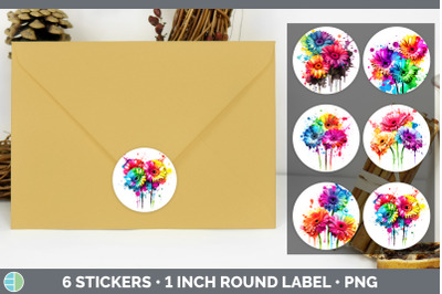 Rainbow Gerbera Daisy Flowers Stickers | Round Labels Designs Bundle