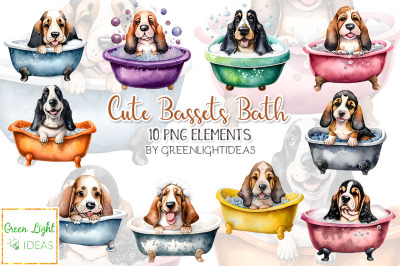 Watercolor Cute Basset Hound Dogs Graphics, Puppy Taking Bath Clipart