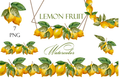 Watercolor lemon clipart, Lemon wreath and branches PNG