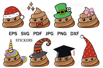 Cute Kawaii Poop Characters, Stickers, File Cutting Cricut