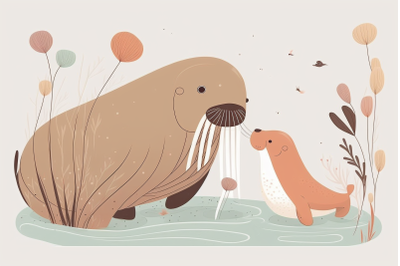 Scandinavian mom and baby walrus